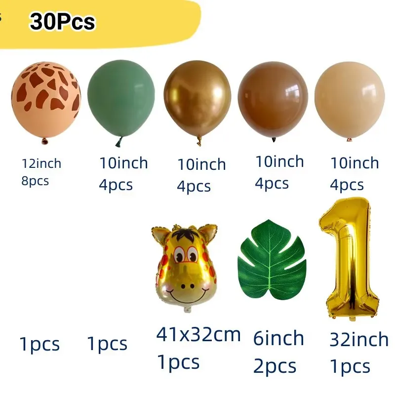 30Pcs Jungle Safari Animal Girraffe Number Balloons Set Kids Birthday Party Decorations Wild One Avocado Green Globos