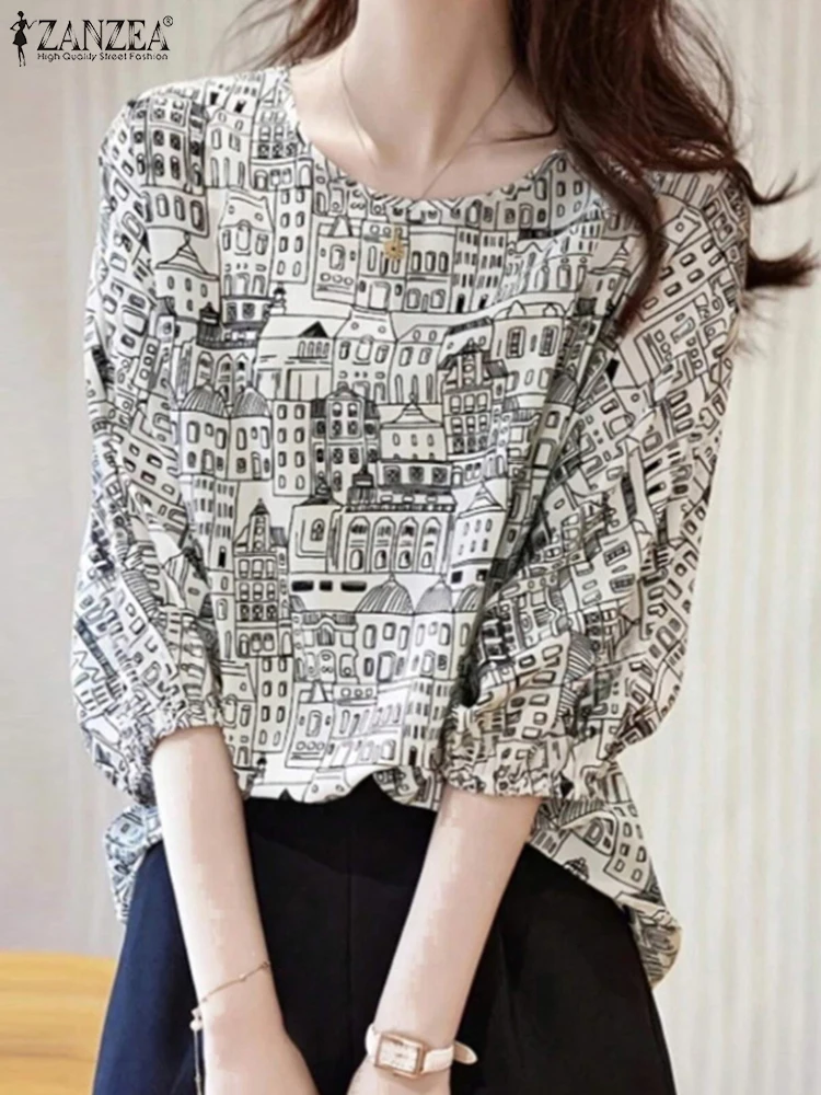 ZANZEA 2025 Frauen Koreanische Mode Gedruckt Bluse Herbst 3/4 Hülse Blusas Urlaub Oansatz Tops Femininas Beiläufige Lose Tuniken