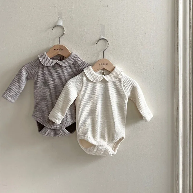 Spring Baby Soft Simple Solid Peter Pan Collar Bodysuit Ribbed Long Sleeves Jumpsuit Skin-friendly Organic Cotton Crawlwear