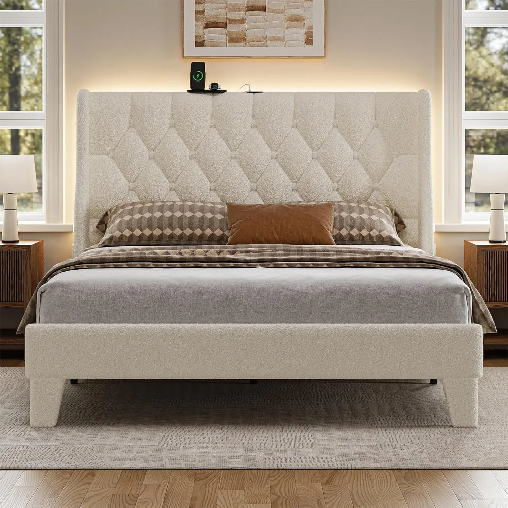

Large Bed Frame, White Platform Bed Frame, with Type-C and USB Ports, with Headboard and Storage Space