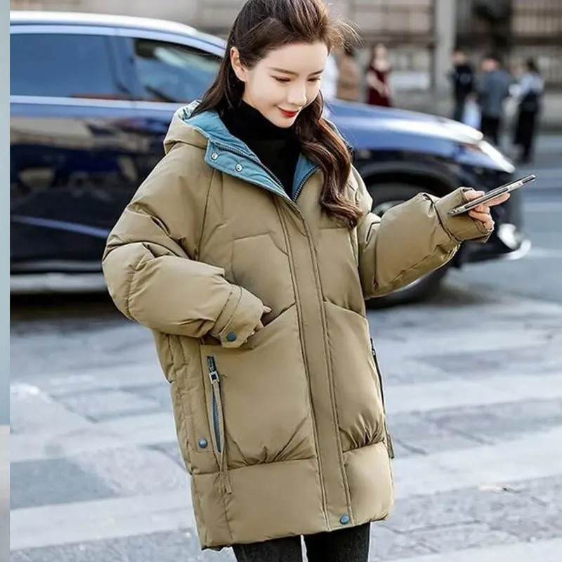 

Winter Thiened Cotton Jaet Women's Midi Length Faionable Loose Bread Sle Soft Cute Korean Version Commute Coat