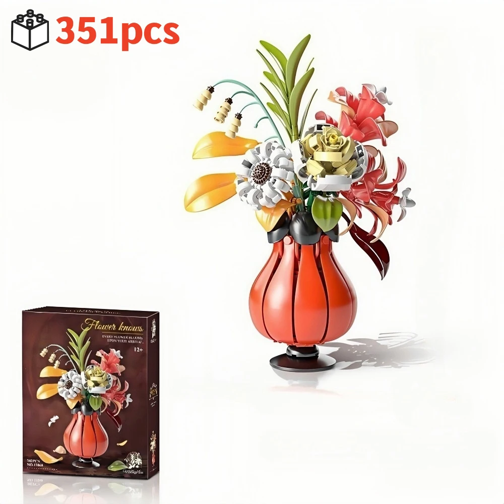 

MOC модель цветка розы, строительные блоки, букет с вазой, украшение для рабочего стола, собранные игрушки, кирпичи для девочек, подарок на Рождество и день рождения