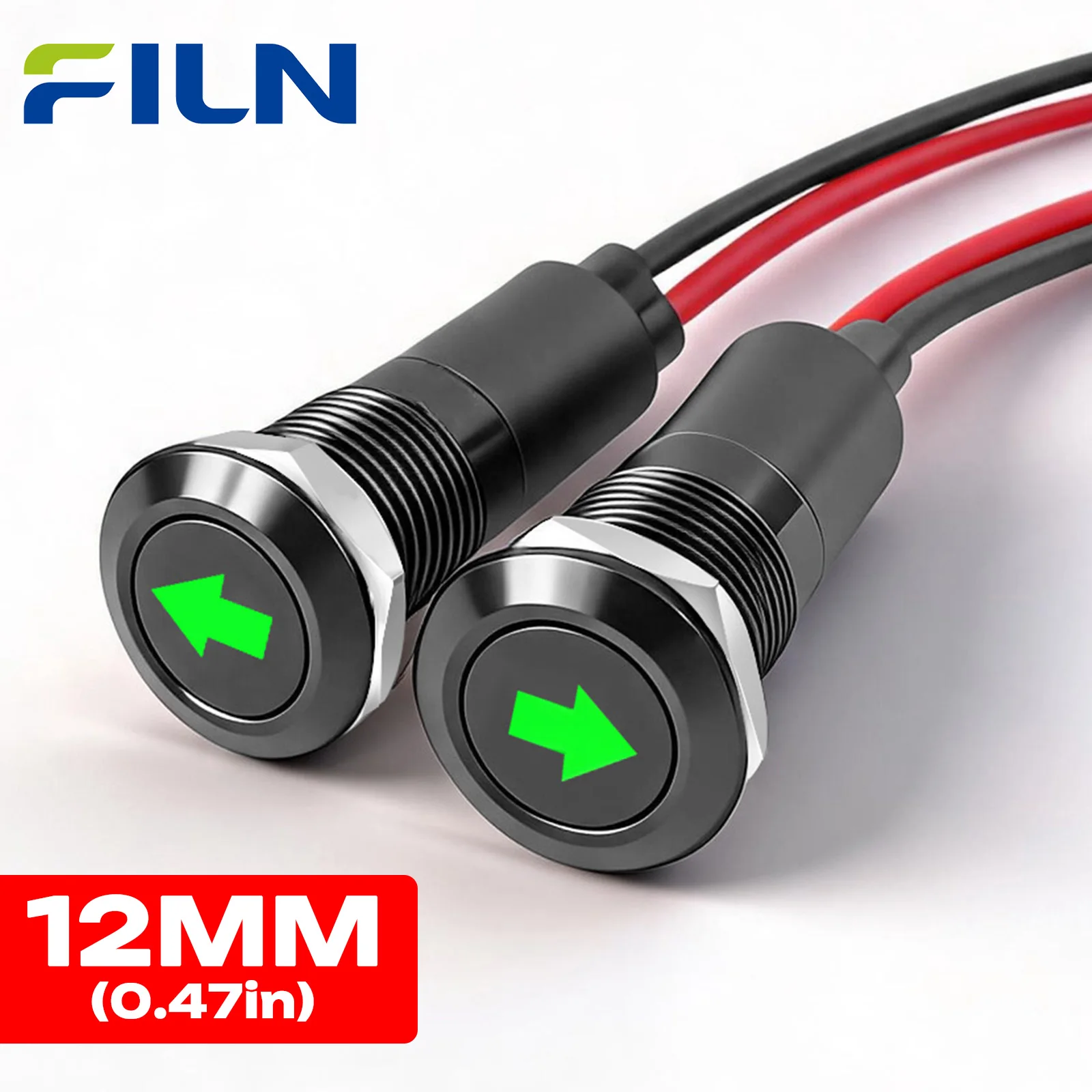 FILN 2PCS 12mm 12V Metal LED Symbol Indicator Light Pre-Wired Teflon Wire Green Arrow Signal Lamp for Car Marine Boat