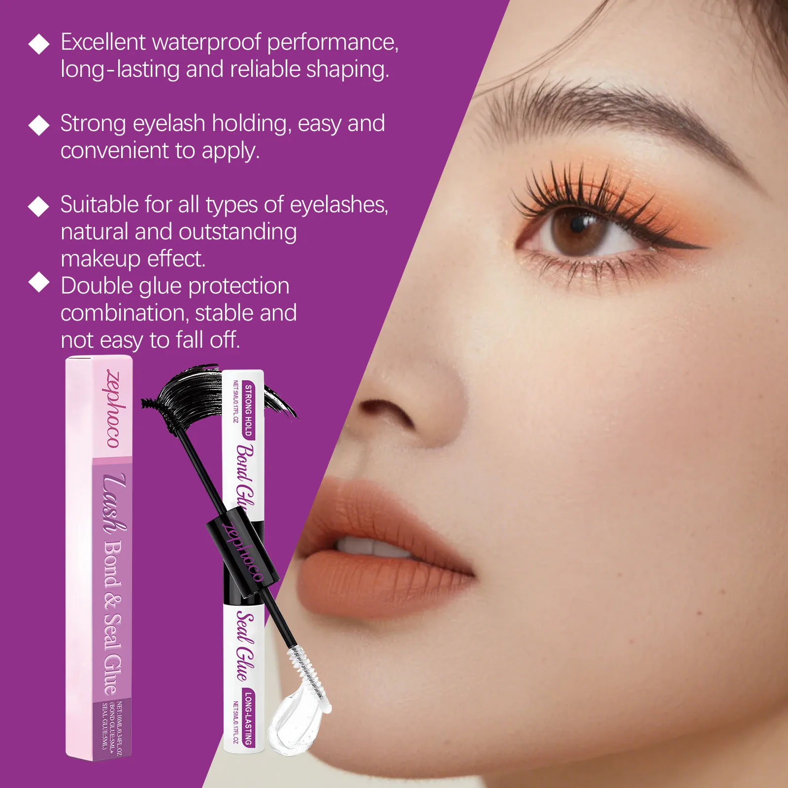 Zephoco Professional Eyelash Extension Glue Long Lasting Waterproof Mascara Adhesive for Cluster Eyelash Glue for Sensitive Eyes