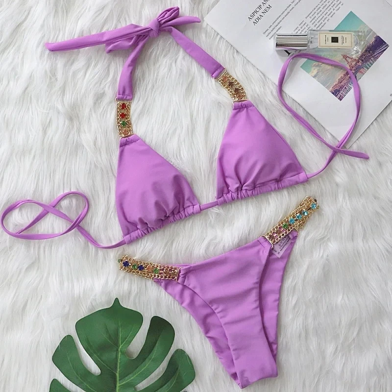 Sexy Metal Accessories Rhinestone Bikini Two-Piece Swimsuit Tie Swimsuit
