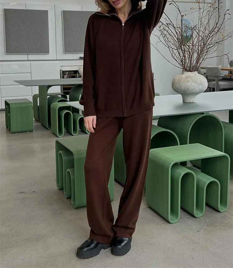 

Зимняя женская повседневная одежда, вязаный комплект из 2 предметов, женские брюки, лоскутная куртка на молнии с лацканами, верхняя одежда и комплекты прямых брюк