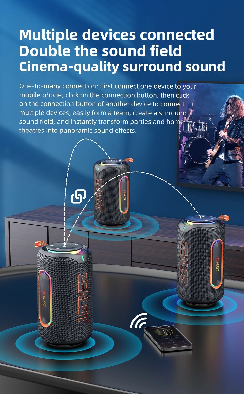 ZEALOT-MP1 Bluetooth-Lautsprecher für den Außenbereich, 60 W Ausgangsleistung, Bluetooth 5.3-Lautsprecher, Stereo-Sound, IPX6 wasserdicht, Micro-SD-Karte, RGB-Licht – Detail 9