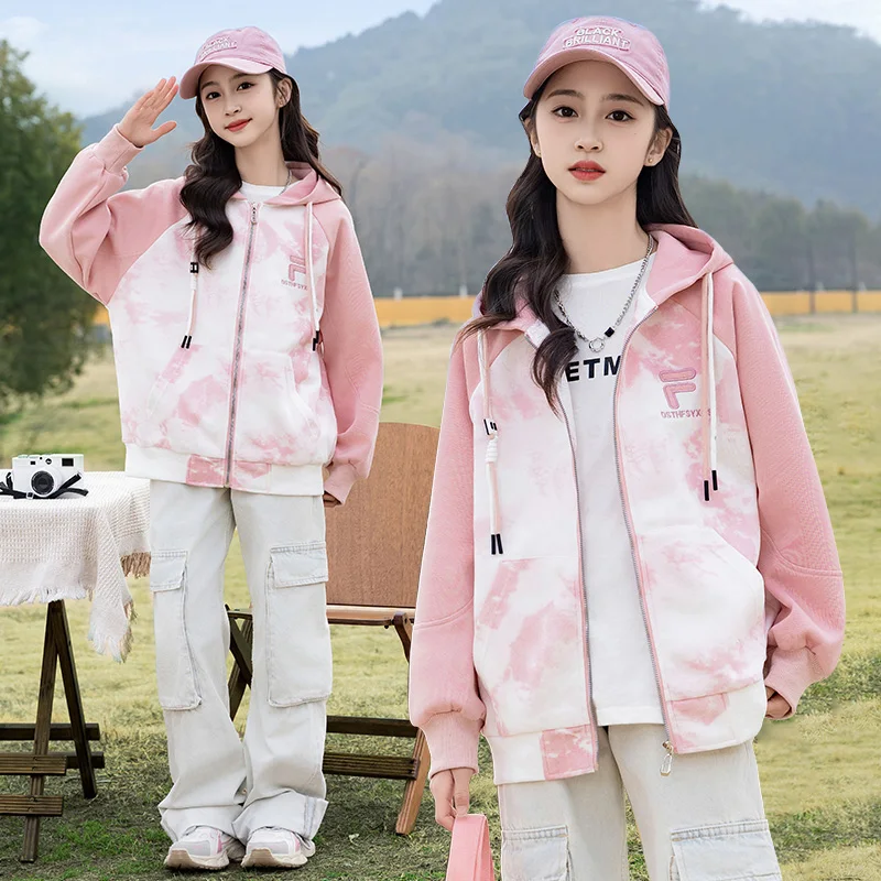 

Spring girls' hooded coat keeps warm 2025 new autumn tie dye hoodie jacket children's cotton coat boys' sports winter coat