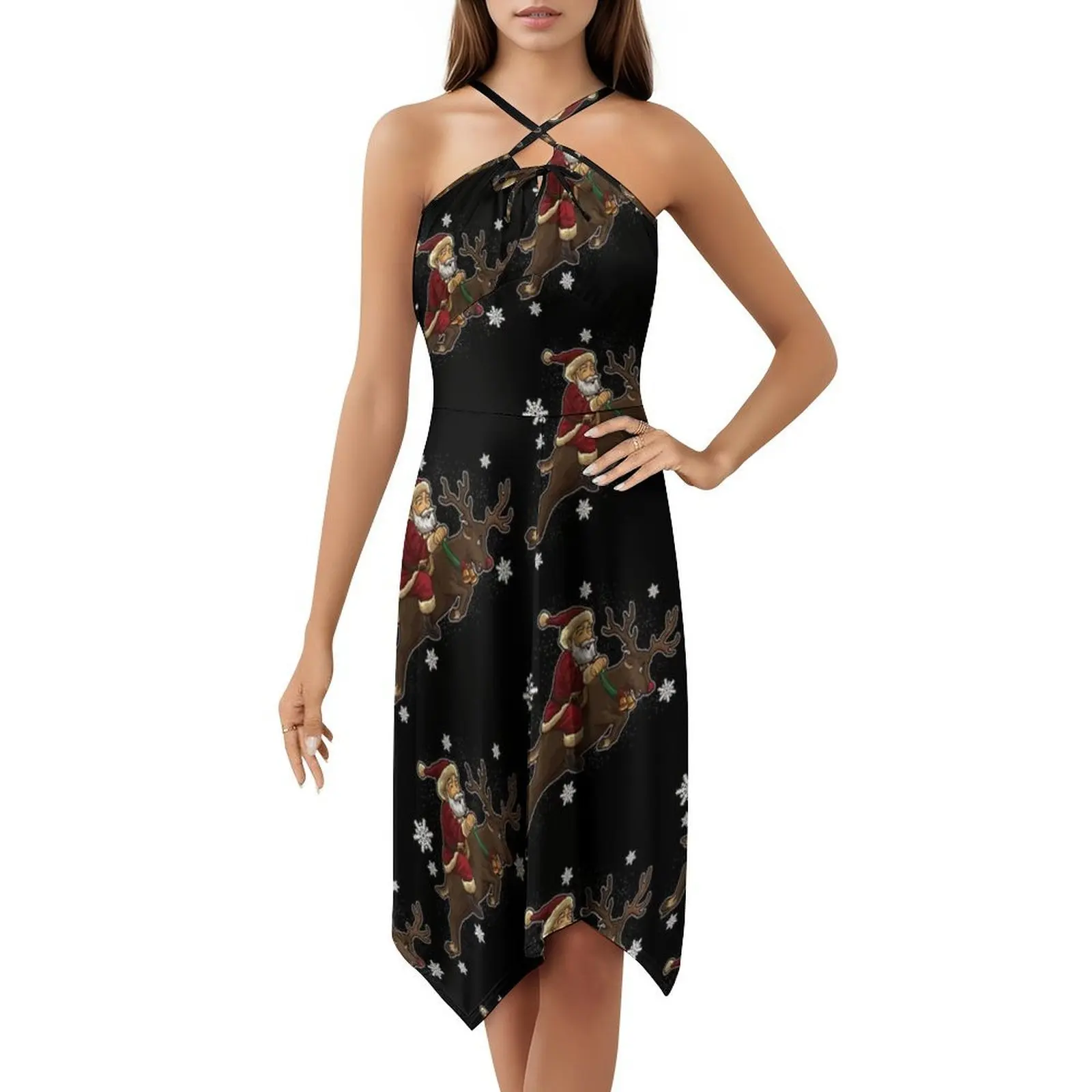サンタクロースはトナカイに乗って配達サービスを行います 女性用ボヘミアンノースリーブドレス プリントビーチパーティードレス クリスマスタイム