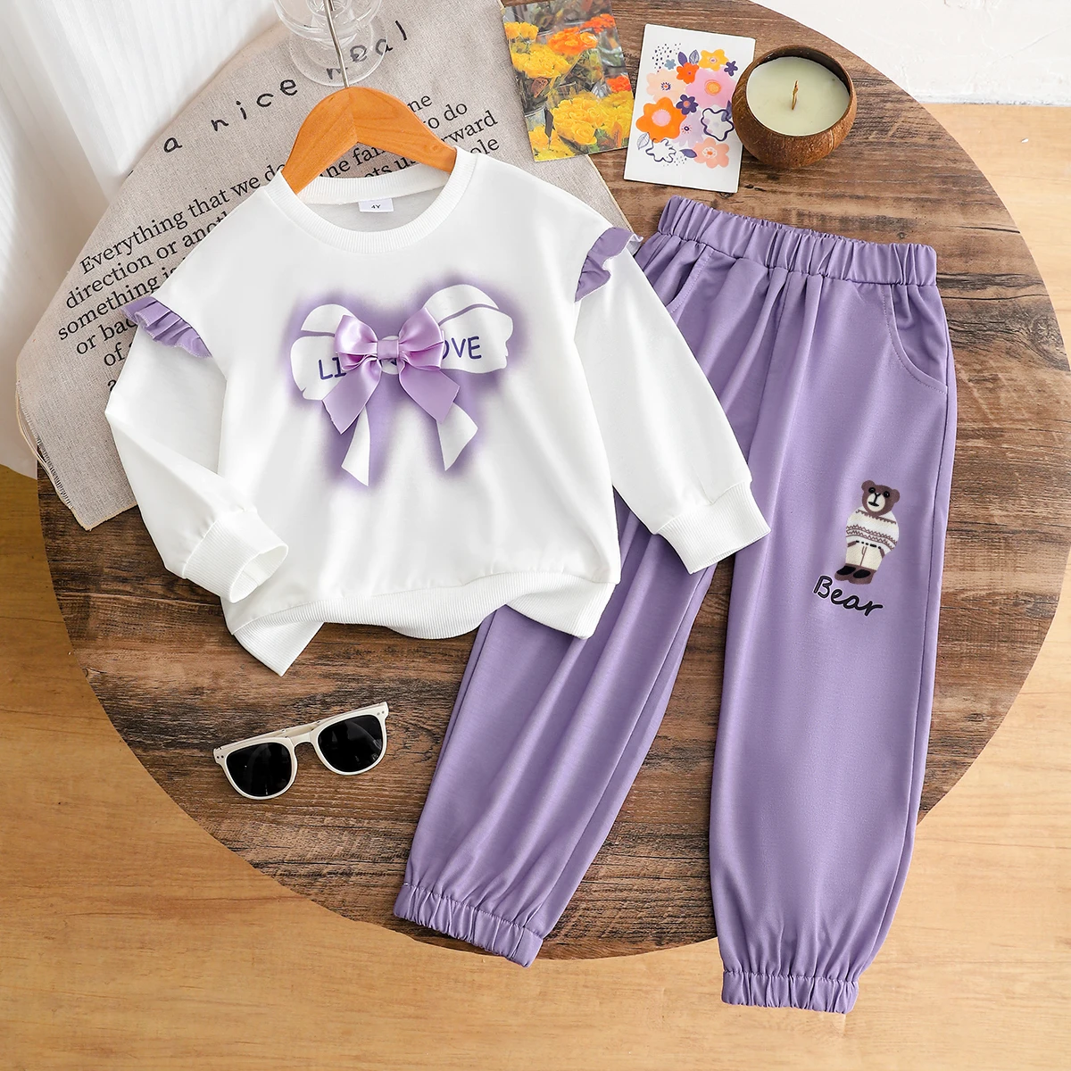 Girls Spring Autumn Butterfly Letter Print Long Sleeve Top with Purple Cuffed Pants Two-Piece Set for Kids