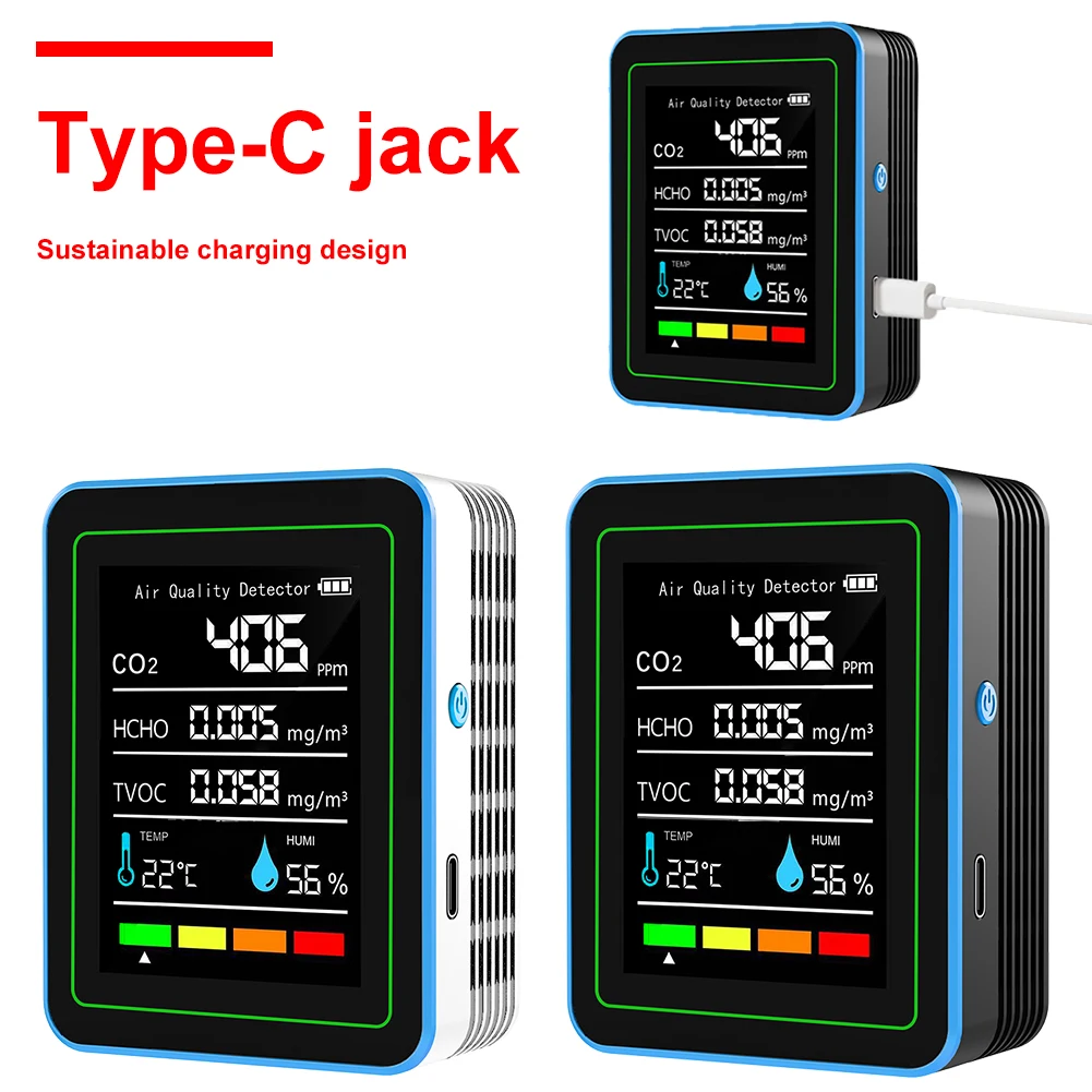 5-in-1 Air Quality Monitor Air Quality Detector USB Charging Temperature and Humidity Monitor Portable for Home Office School