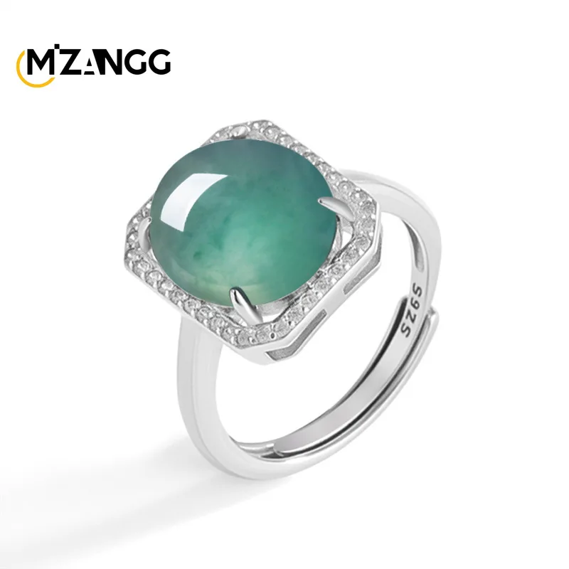 

Natural Jadeite Blue Water Large Oval Square Ring, Ice Jade Fashionable Adjustable Ring S925 Silver Woman Exquisite Jewelry Gift