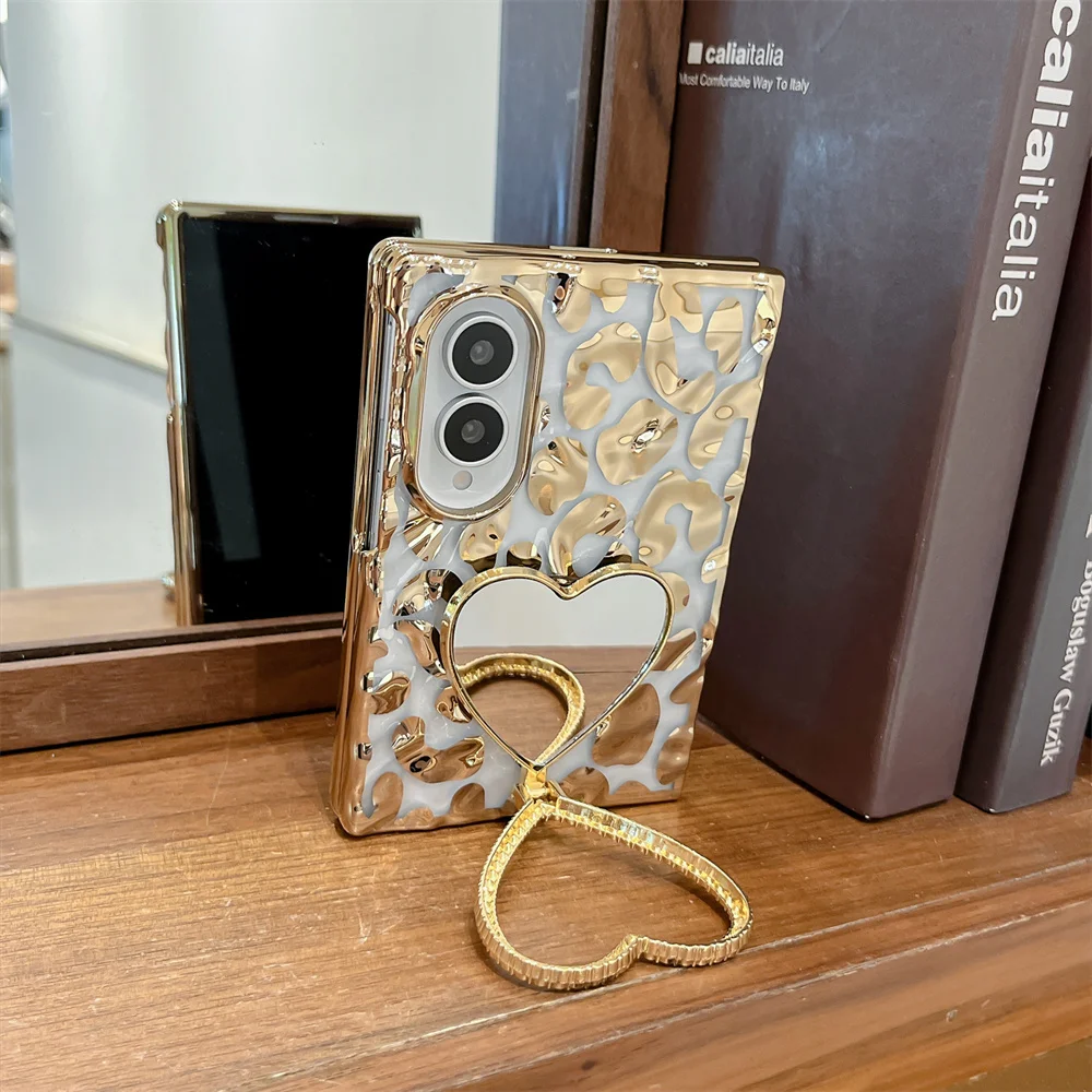 Gold Leopard Print love mirror Phone Case For Samsung Galaxy ZFold 8 Ultra Electroplated Luxury Shockproof Protective Cover