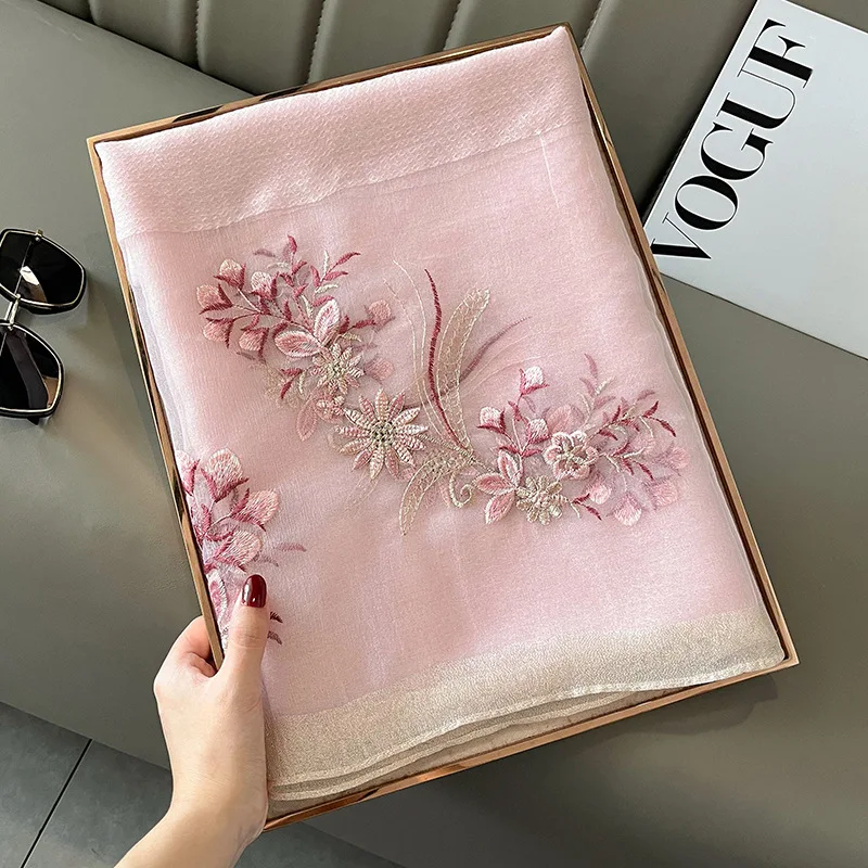 Luxury Brand Silk Wool Women Scarf Embroidery Shawl and Wraps Foulard Female Hijab Bandana scarves for lady flowers beach stoles