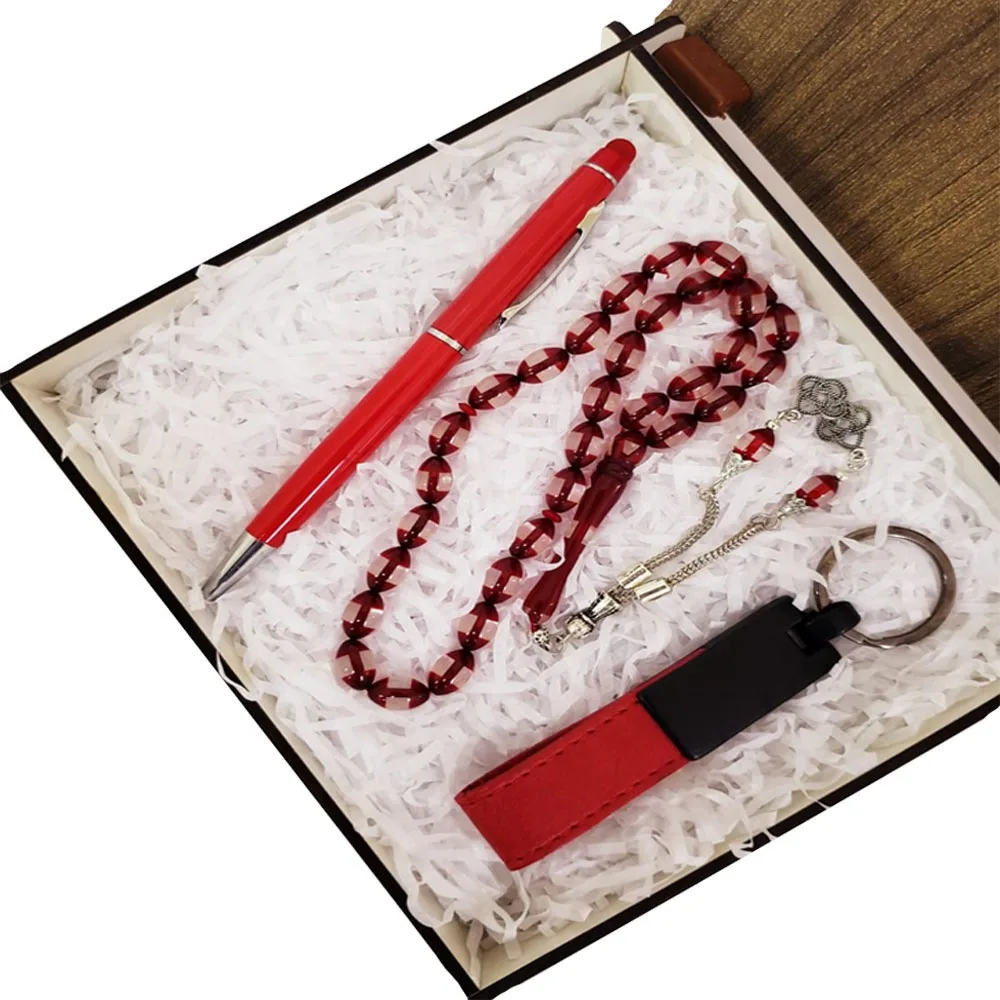 Red Touchpen Pen Keychain And Powder Amber Rosary Set