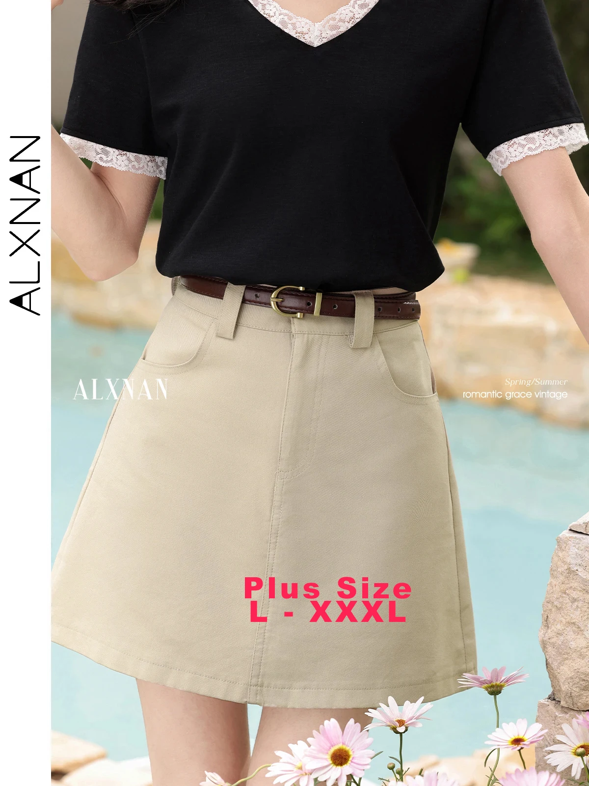 

ALXNAN мини-юбка больших размеров, лето 2021, винтажная женская юбка трапециевидной формы цвета хаки, элегантная короткая праздничная одежда в корейском стиле D105158