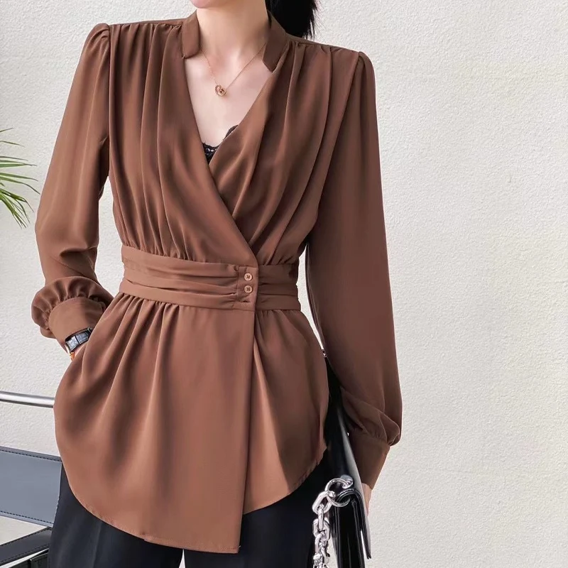 Spring Autumn New V-neck Fashion Long Sleeve Blouse Women High Street Casual Slim Pullovers Elegant Button Patchwork Chic Tops