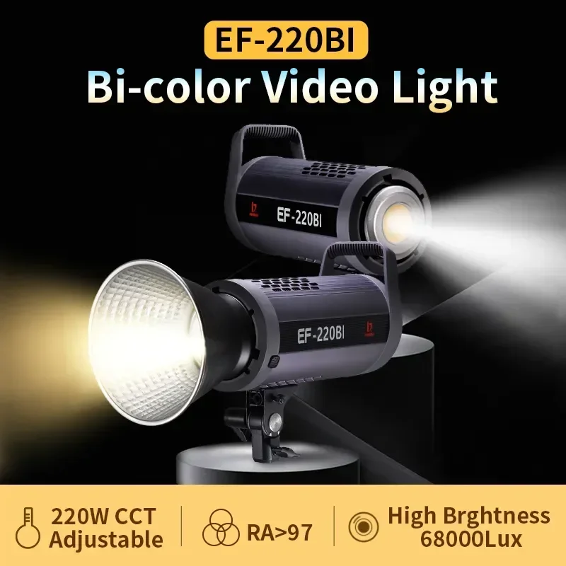 Luz de vídeo LED bicolor JINBEI EF-220BI 220W 2700-6500K com controle por aplicativo de celular, 10 efeitos de iluminação e ventilador ultra silencioso para gravação de vídeo