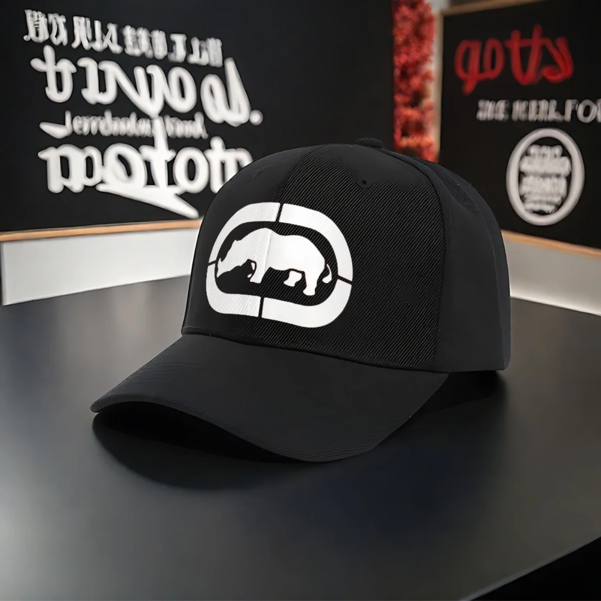 [1шт ECKO UNLTD. Бейсболка] ECKO UNLTD. 1 шт. Винтажная бейсболка — регулируемая шляпа дальнобойщика, полиэстер, черно-белый дизайн,