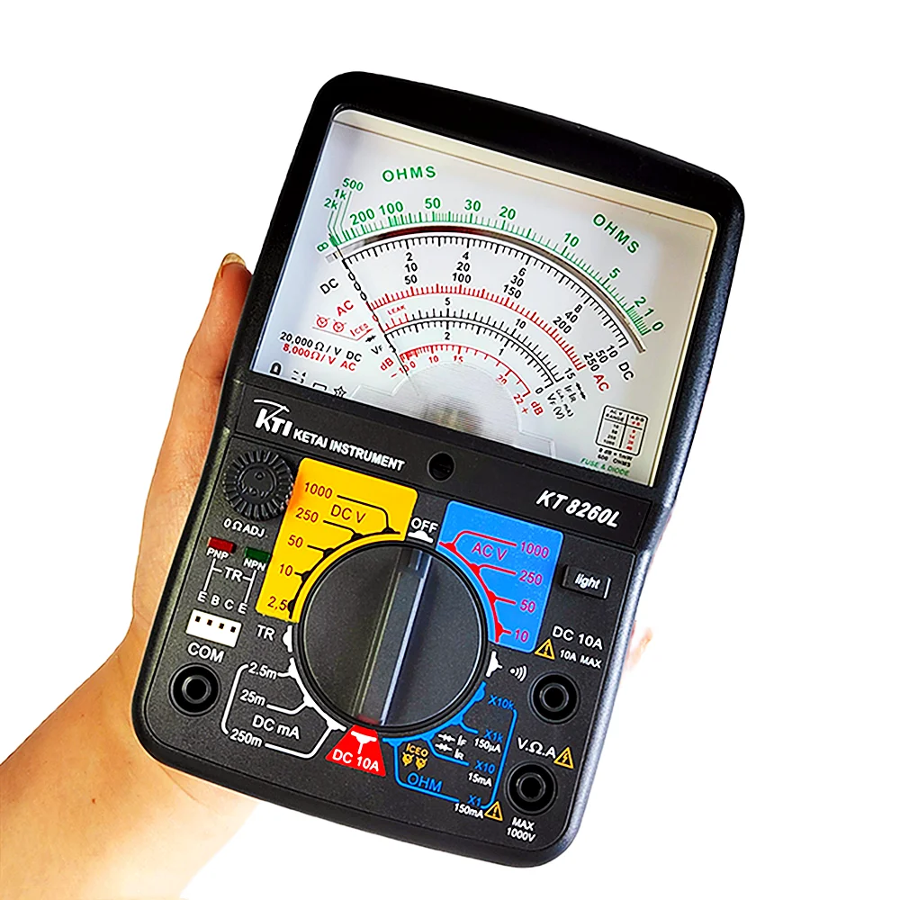 KT8260L precyzyjny wyświetlacz wskazówkowy analogowy multimetr AC/napięcie prądu stałego 1000V 10A 20MΩ ręczny Tester rezystancji z podświetleniem