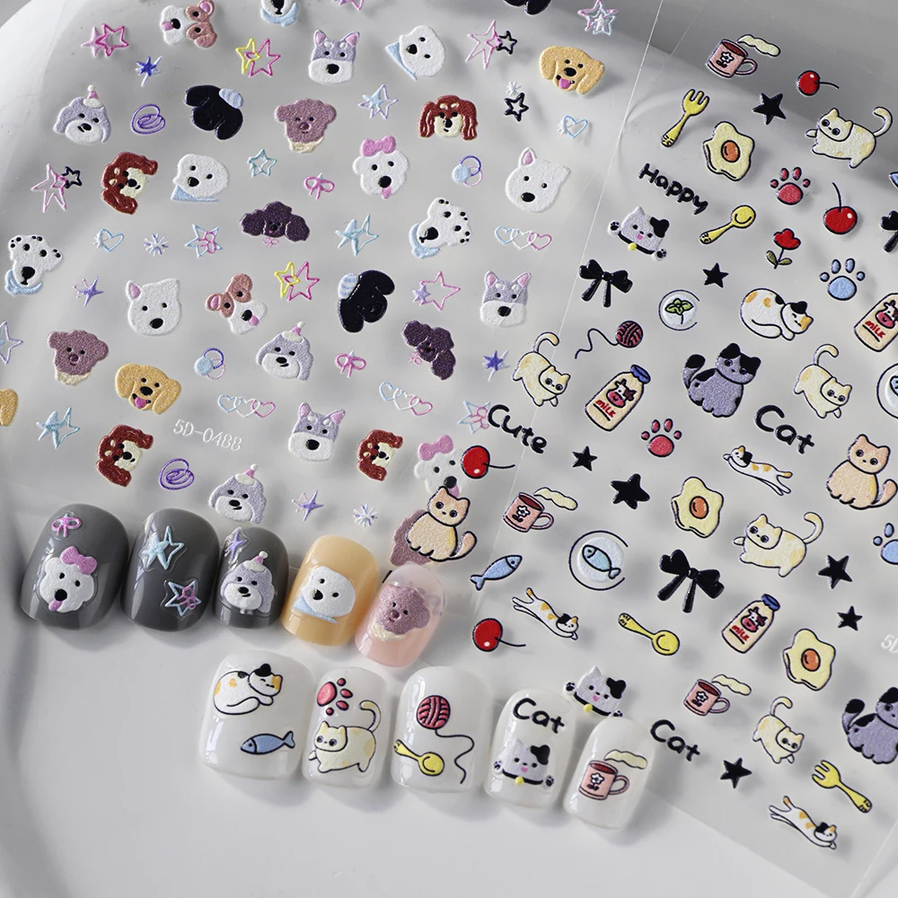 2pcs 5D Cartoon Puppy&kitten Nail Stickers Set Kawaii Embossed Happy Dog Pentagrams Milk Cat Design Nail Decals DIY Animals Nail