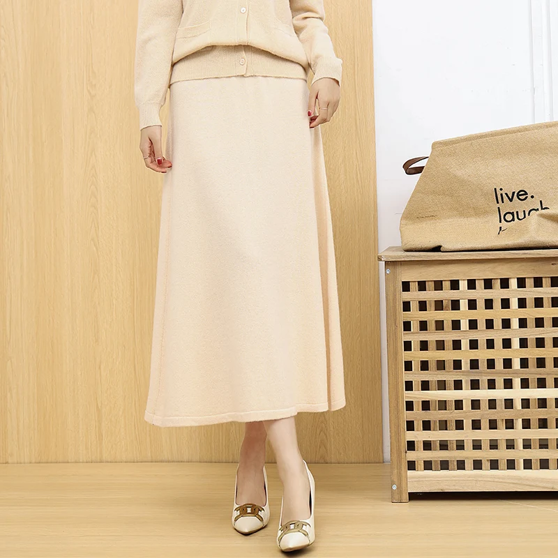 Elegant Women 100% Wool Knitted Skirt Korean Fashion Solid Color Casual A Line Ladies Plane Skirt Autumn Chic High Waist Skirt