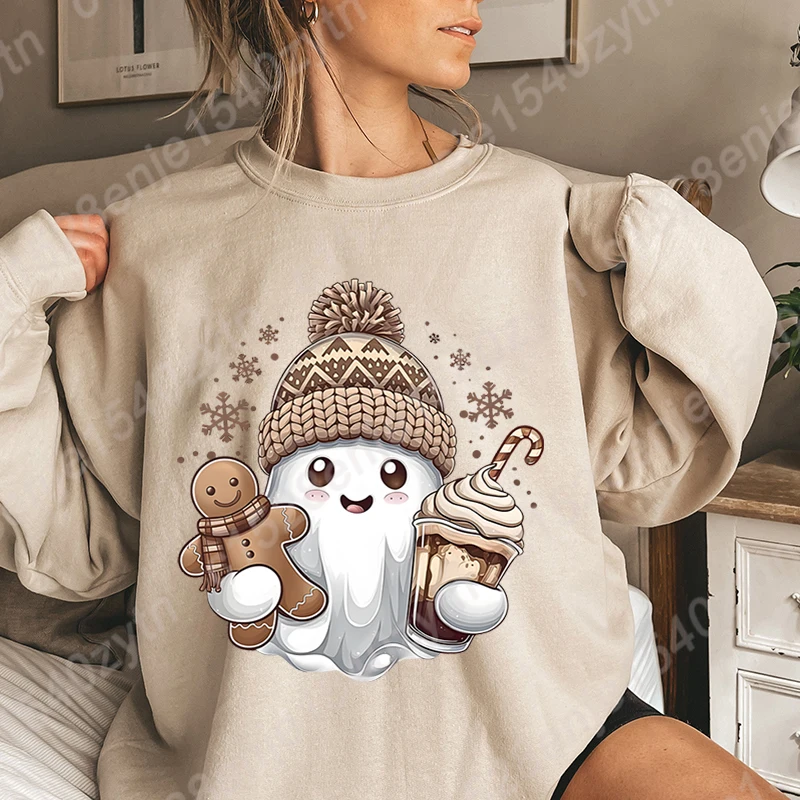 Christmas Ghost Gingerbread Coffee Pullovers Autumn Winter Creative Personalized Tops Ladies Casual Sweatshirts O Neck Pullovers