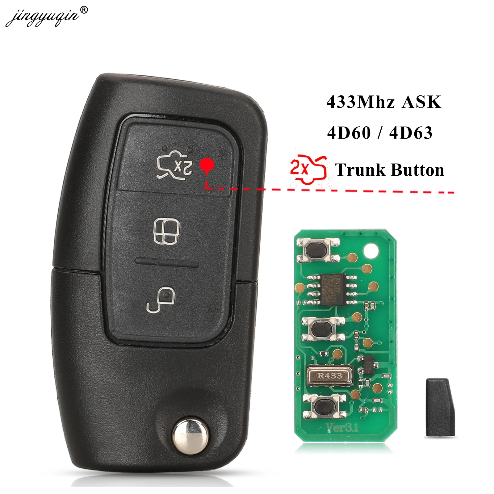 

jingyuqin 3 Button 433MHZ 4D60/ 4D63 Chip Car Remote Flip Key For Ford Fusion Focus Mondeo Fiesta Galaxy HU101/FO21 Auto Keys