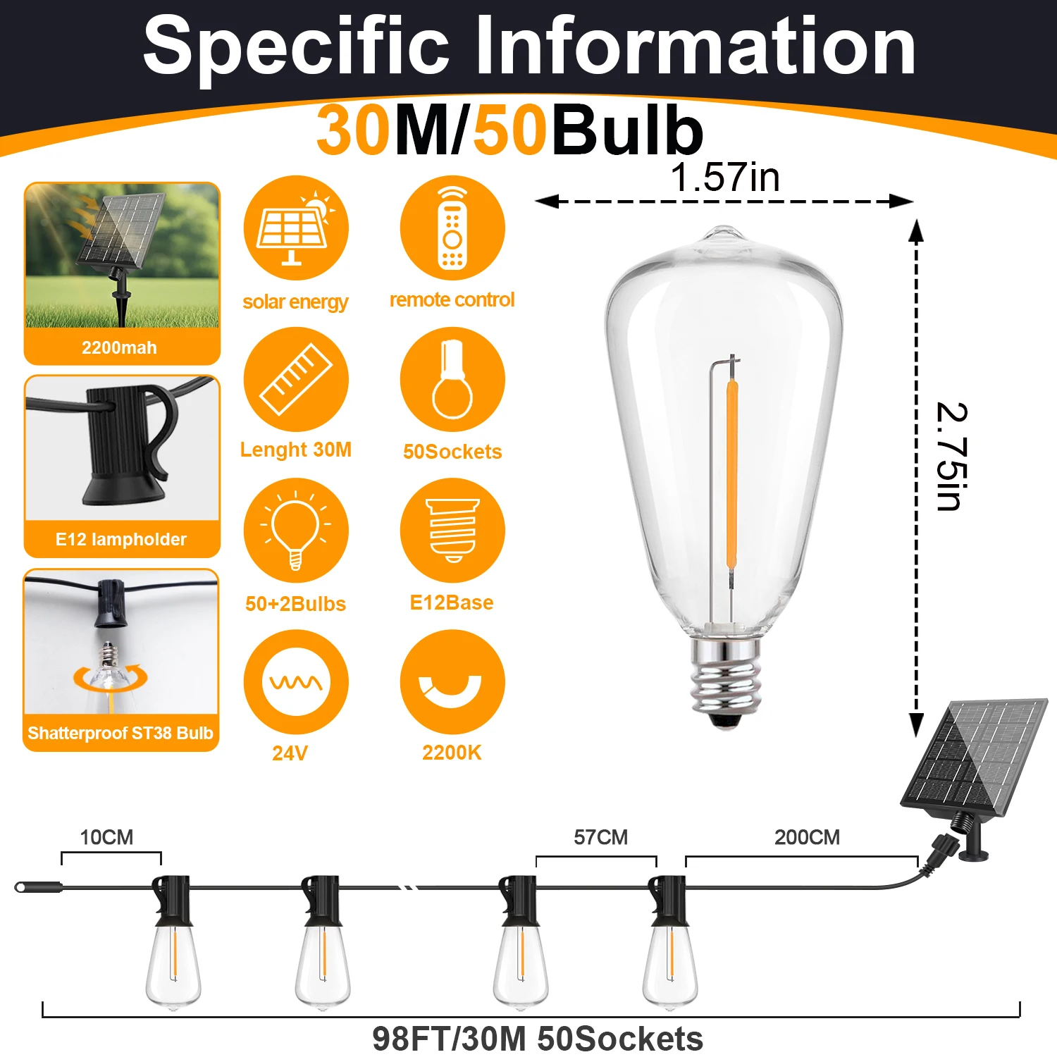 Solar Globe LED-lichtslingers G40 terraslicht USB-oplader 8 lichtmodi Afstandsbediening Tuin Solar weerbestendig hanglicht - afbeelding 1