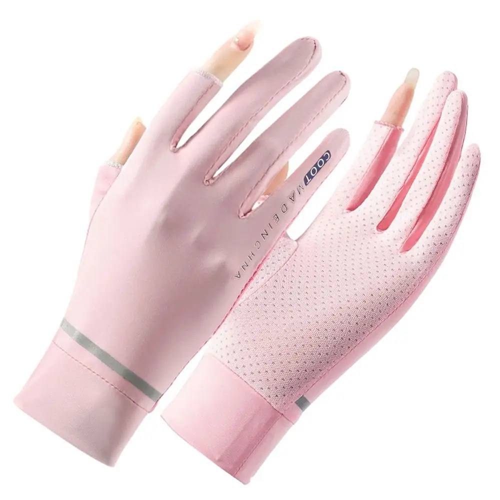 Guantes finos de seda de hielo para mujer, manoplas de dedo completo, protección solar, pantalla táctil, conducción al aire libre, Verano