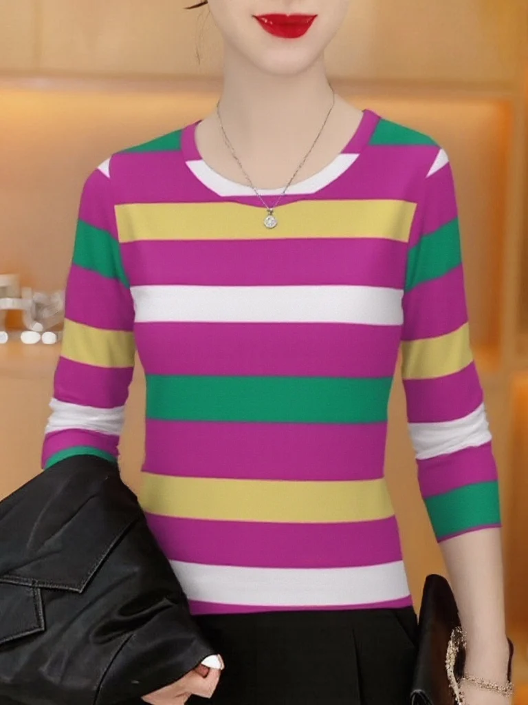 

Dopamine Style Striped Long Sleeve round Neck T-Shirt Women's Maternity Slimming Top Belly Covering Breathable Polyester Fiber