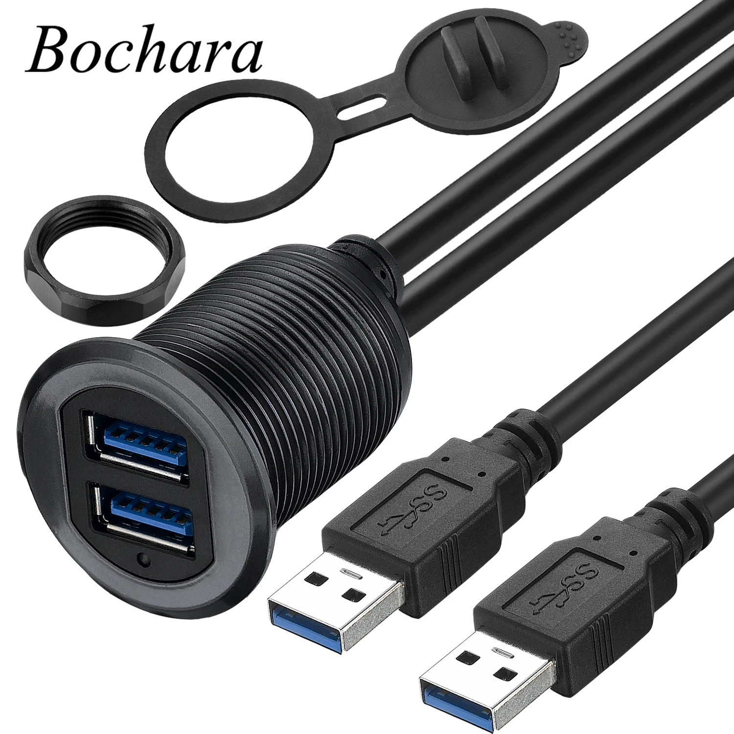 بوشارا فلوش جبل لوحة مزدوجة USB ذكر إلى أنثى تمديد كابل مع مؤشر ضوء الألومنيوم قذيفة لسيارة قارب دراجة نارية