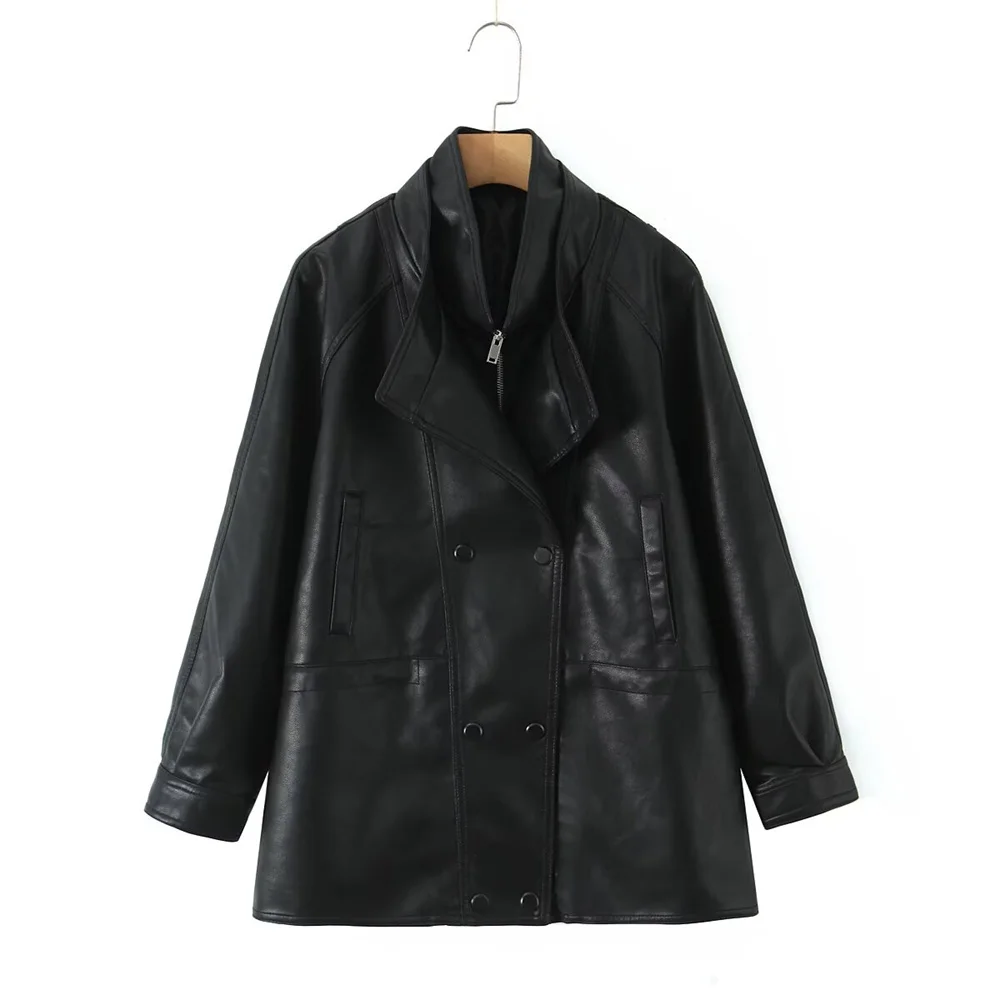 Veste en cuir PU pour femme, nouveau produit d'automne, Design de mode, Double col, taille dessinée, mi-longue