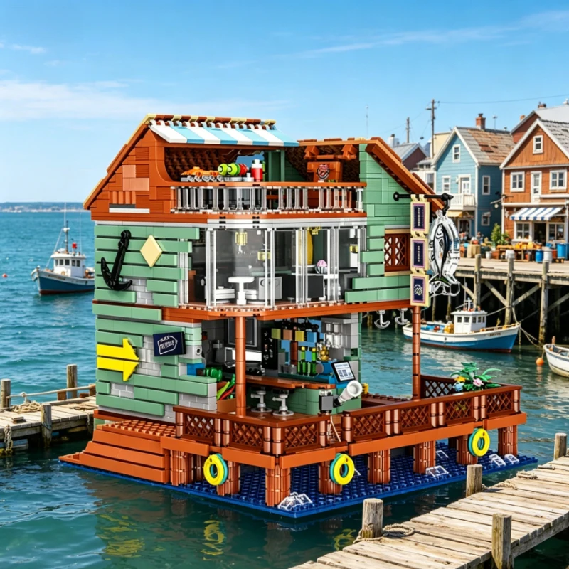 

Creative Fisherman's Cabin Wharf Harbor Restaurant Fishing Village Building Blocks Street View Model Home Desk Decor Ornament