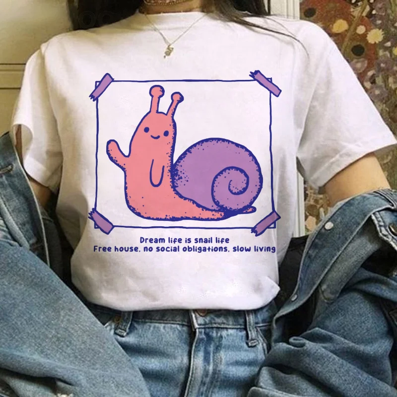 Cute Snail Top Cartoon Cute Animal Pattern Women's T-Shirt Summer Fashion Versatile Round Neck Printed Casual Regular T-Shirt