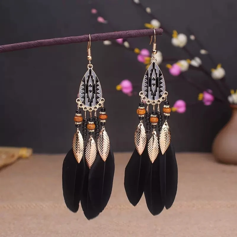 Boho Lange Feder Baumeln frauen Ohrringe Strand Lange Quaste Perlen Handgemachte Blume Emaille Ohrringe Braut Hochzeit Pendientes Mujer – Detail 11