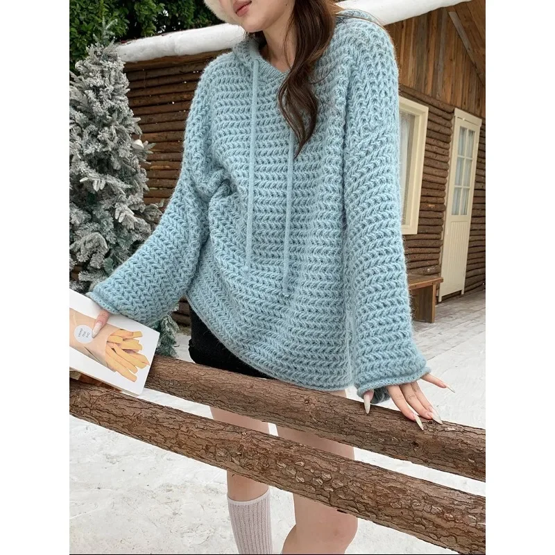 

Hollow Thick Needle Loose Lazy Drawstring Hooded Knitted Sweater