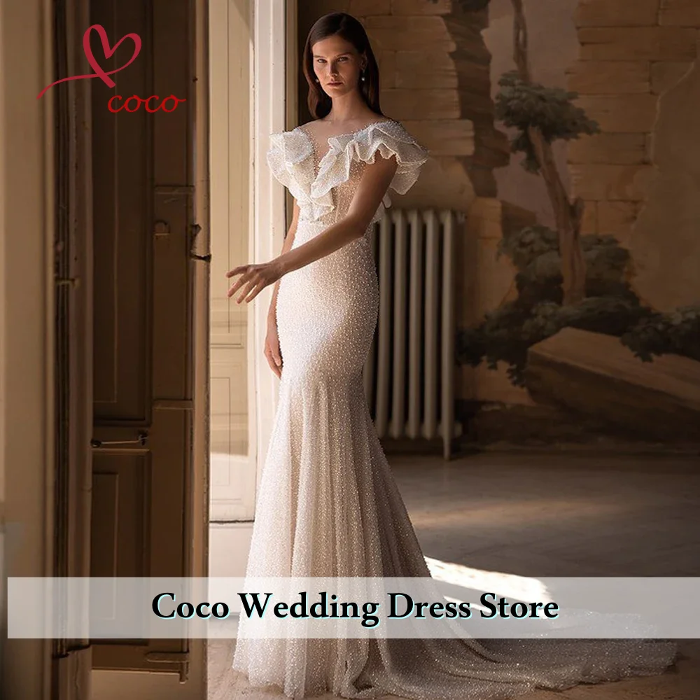 맞춤형 럭셔리 머메이드 웨딩 드레스 보석 짧은 소매 신부 드레스 비즈 장식 레이스 스윕 트레인 웨딩 드레스