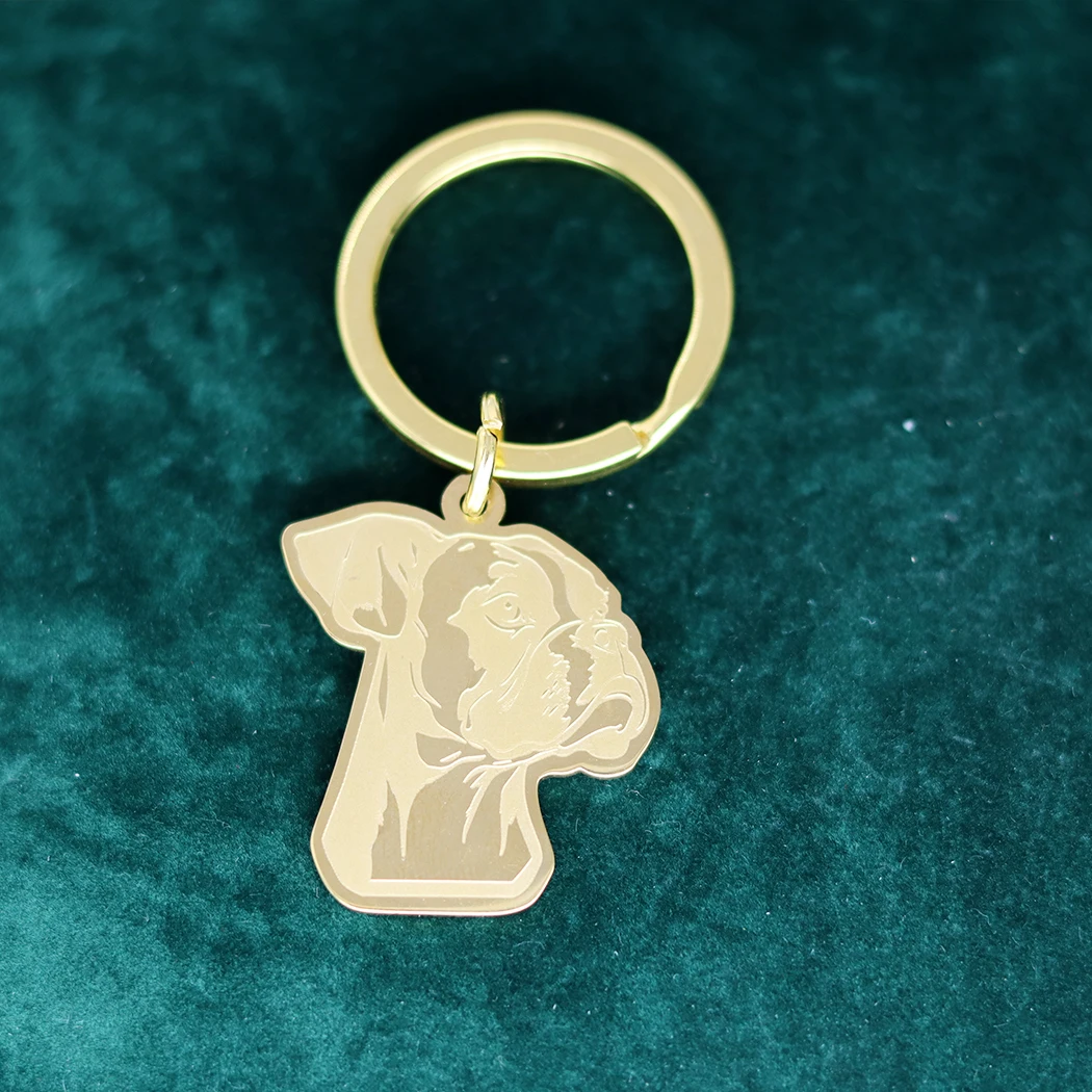 Real Gold Plated Keychain diy Accessories Cute Boxer Dog Pet Stainless Steel Trendy  Kids Gift Unisex Punk Jewelry Keyring Deco