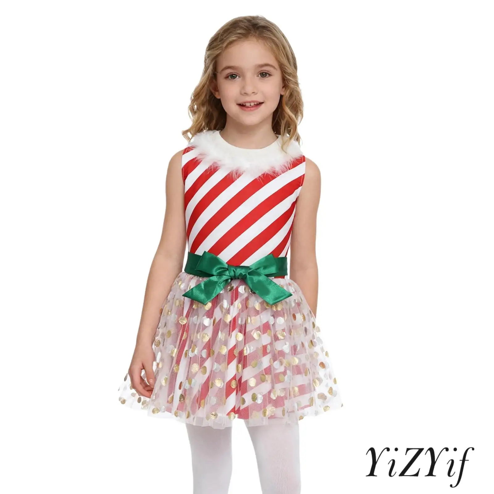 

Kids Girl Christmas Elf Cosplay Dress Fuzzy Crew Neck Sleeveless Metallic Dot Tulle Striped Dress for Xmas Party Cane Masquerade
