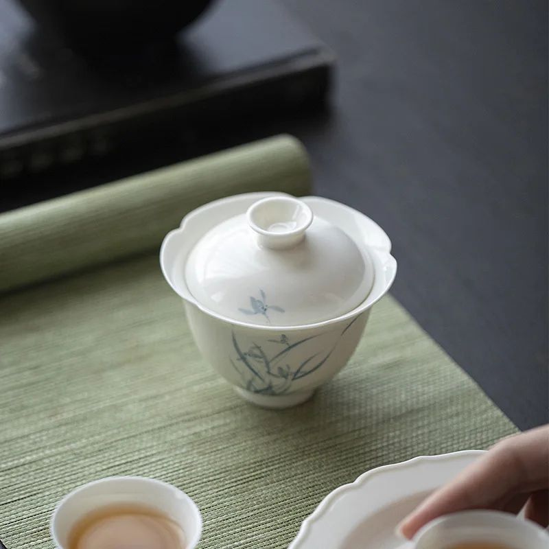 Imitation Song Dynasty High Foot Flower Mouth Gaiwan Kung Fu Set Ceramic Hand-painted Blue and White Orchid Household Tea Br