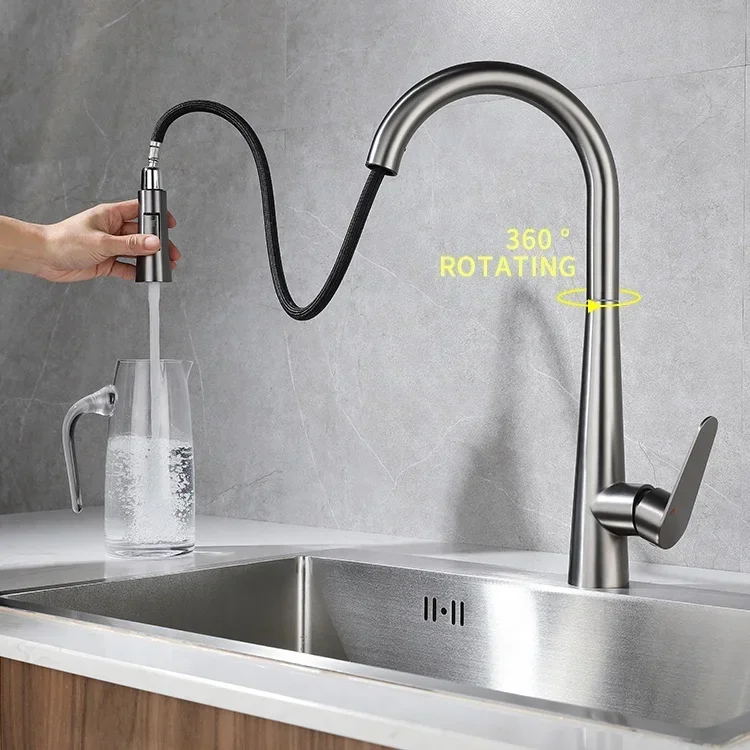 YYHC-Modern pull out Kitchen sink faucet double model water sink mixer taps Stainless steel gun grey pull down kitchen faucet