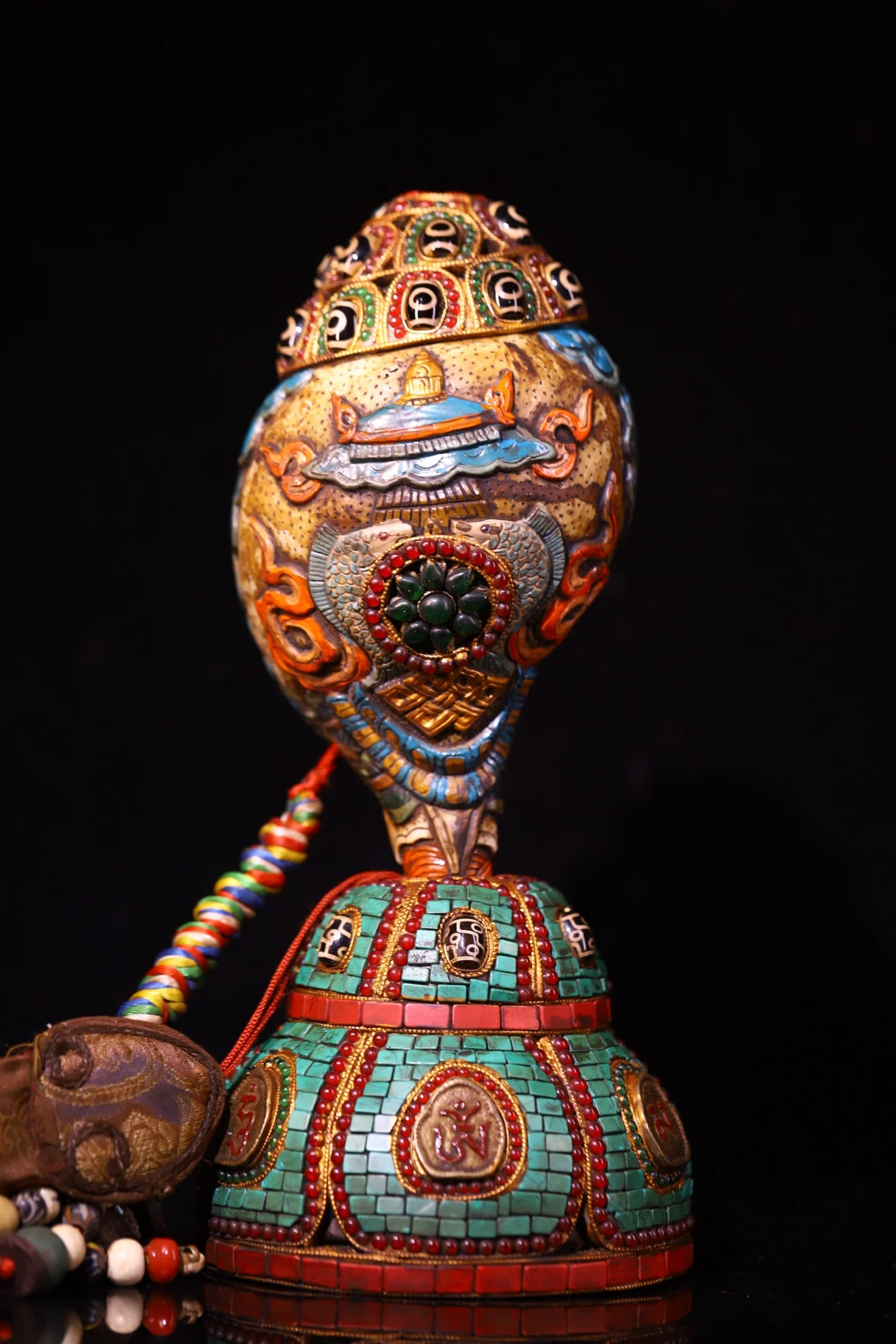 Old Natural Conch Mosaic Gem gZi Beads Turquoise Lucky Eight Treasures Buddha conch reciting sutras Amulet Town House