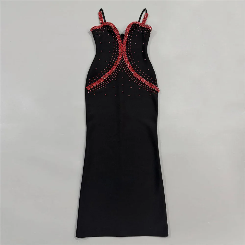 

High Quality Glitter Women's Party Long Dress Bandage Sleeveless Rhinestones Luxury Knitted Stretch Birthday Gown Club Vestido