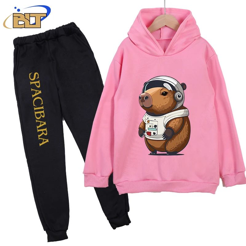 Capybara astronaut print kids hoodie set pink sweater pants 2-piece set autumn and winter children's clothing for girls