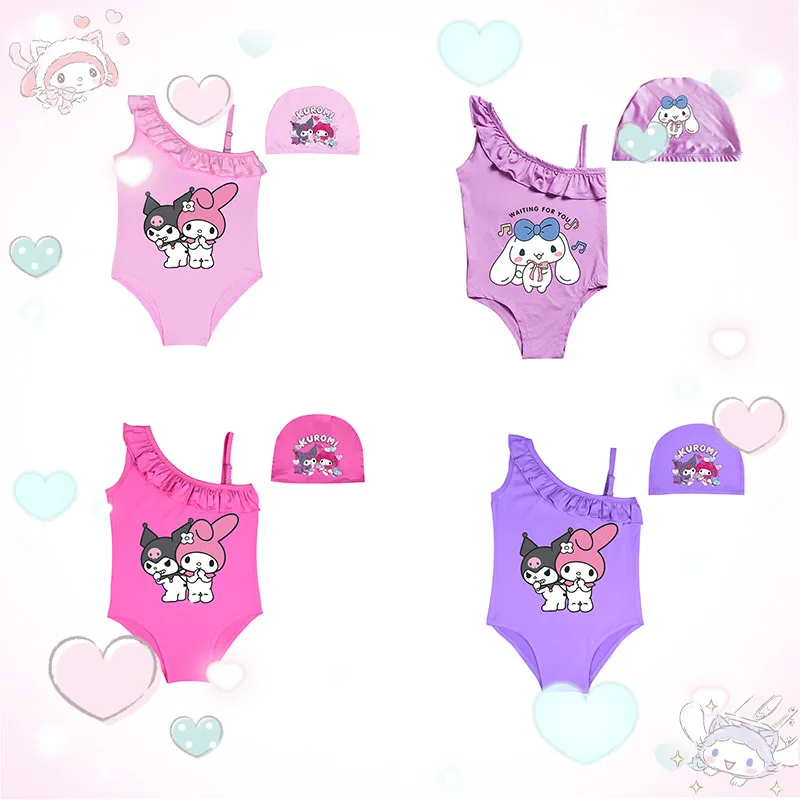 Maillot de bain Sanrioed Kuromi Melody pour filles, Cinnamoroll, tenue de bain pour enfants, vêtements de plage pour enfants, maillots de bain trempés