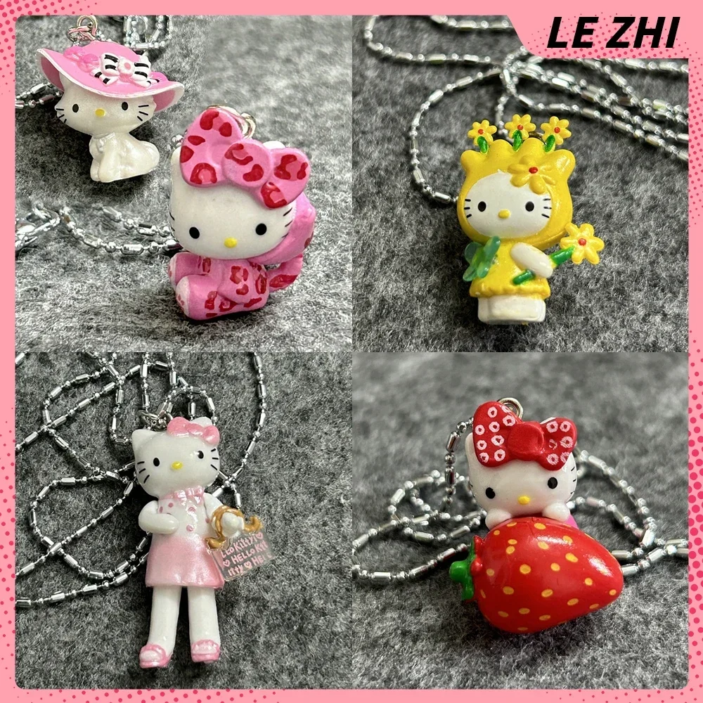 Kawaii Strawberries Flower Hello Kitty Mini Figurines Miniatures Titanium Steel Necklace Doll Leopard Print Decoration Pendant