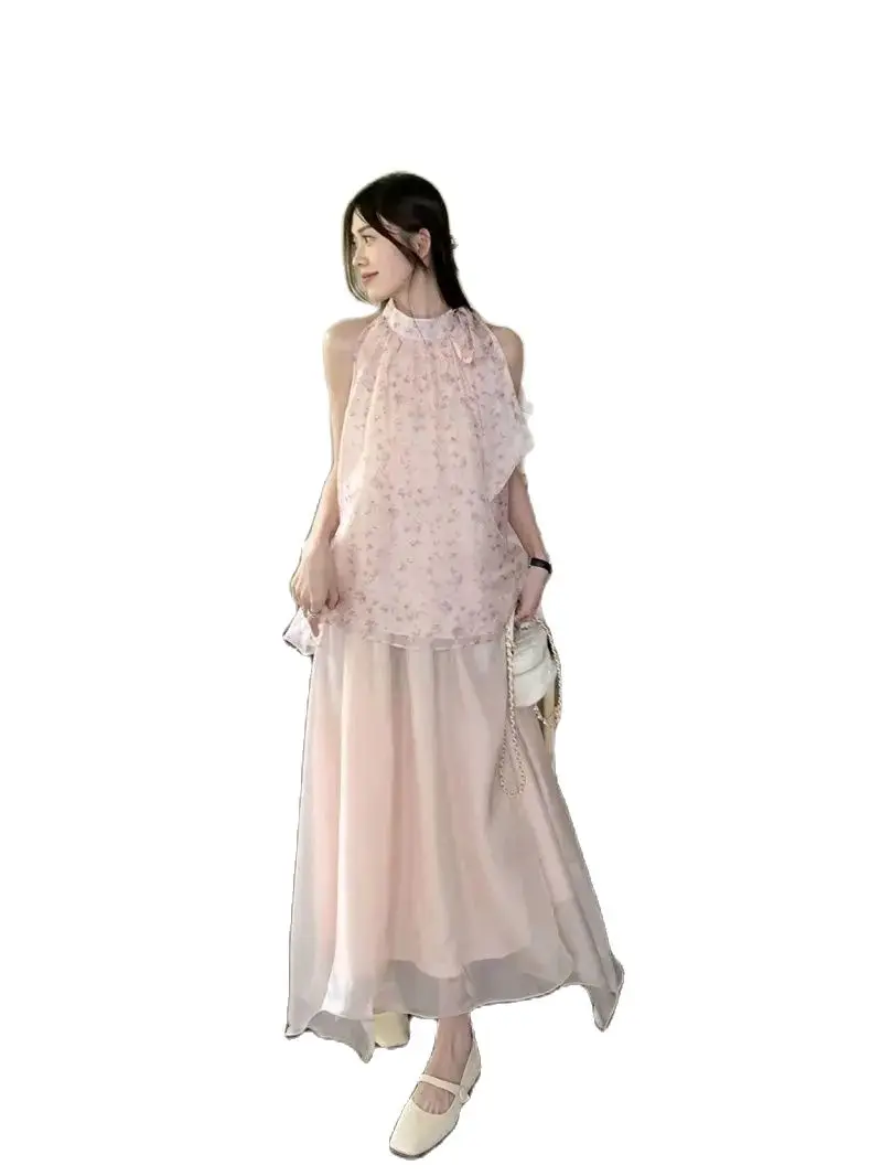 Korea Vintage Women Pink Elegant Mesh Floral Print Pleated Summer Sexy Bow Lace-Up Party Halter Boho Two Piece Set