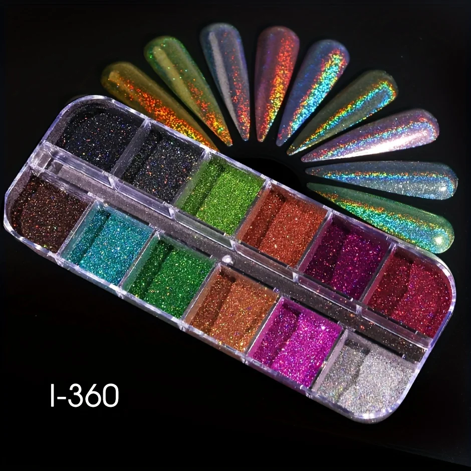Set de polvo holográfico plateado, rub negro, rosa, cromo, brillantina láser para uñas, manicura DIY 2