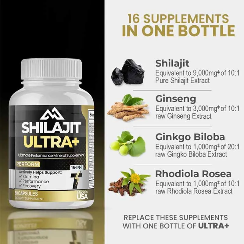 

Pure Shilajit seaweed, South African drunken eggplant, Rhodiola rosea, Ginkgo leaves, magnesium, turmeric, 60 capsules